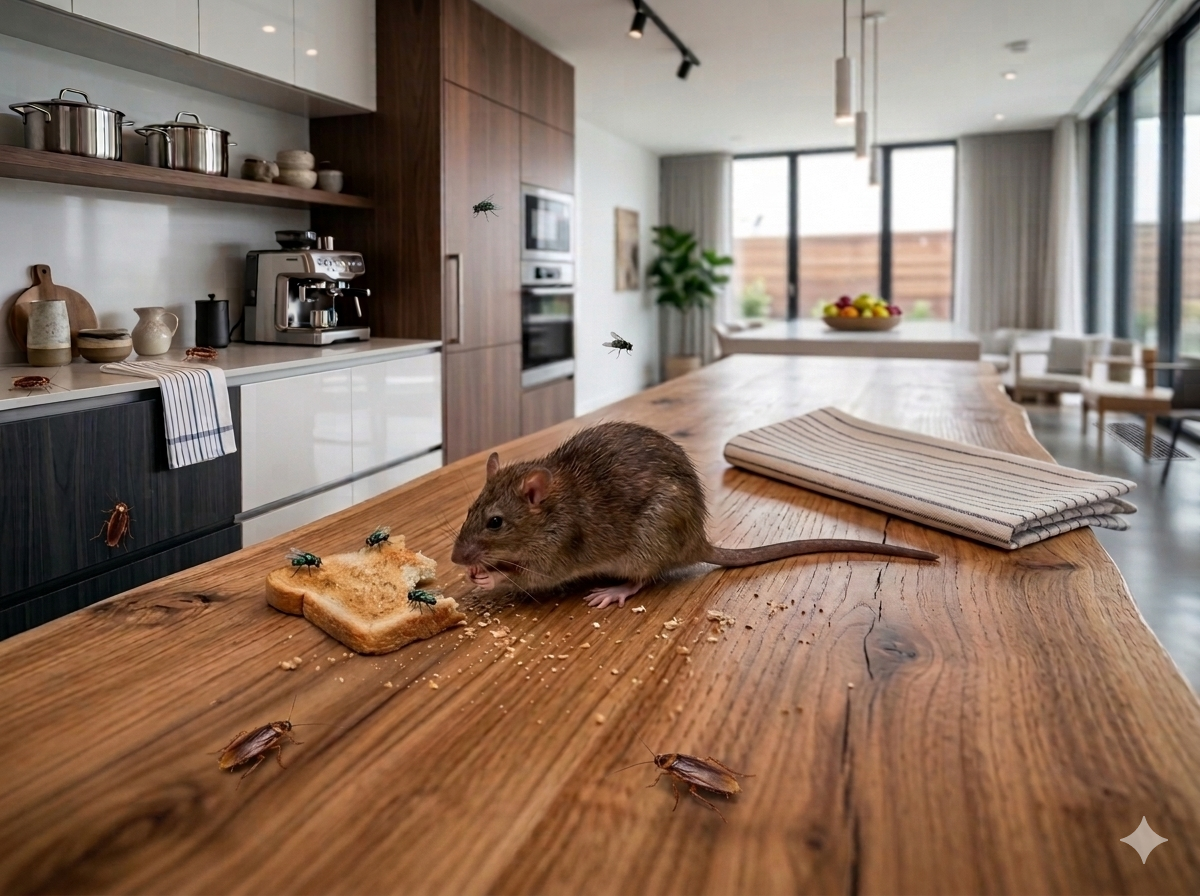 Ratte auf einer Küchenarbeitsplatte in einem modernen Wohnraum